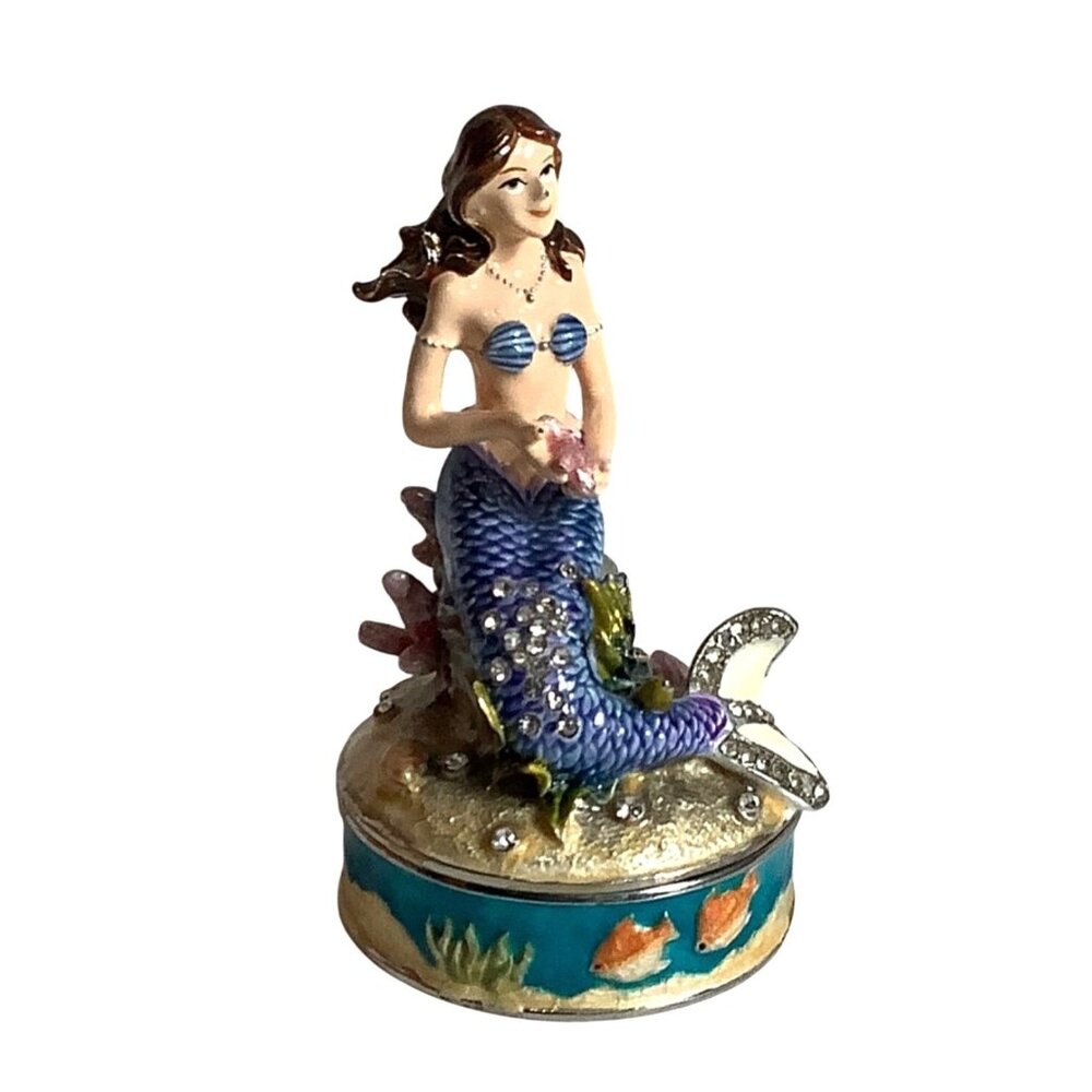 Portman Mermaid Sitting on Rock Sea Floor Enamel Crystals Figurine Box 4"x2.5"
